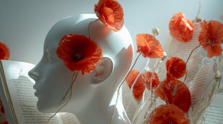 A stark white mannequin visage adorned with vivid red poppies weaving through delicate, transparent...