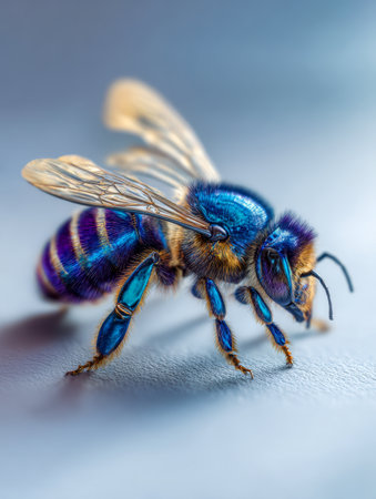 A striking close-up captures a shimmering blue insect gleaming with metallic sheen, revealing detailed wings and delicate hairs against a softly blurred cool-toned bの写真素材