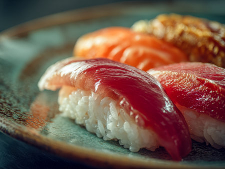 A vibrant assortment of handcrafted sushi featuring vivid tuna, luscious salmon, and glazed eel, all artfully arranged on an earthy ceramic plate highlighting authenの写真素材