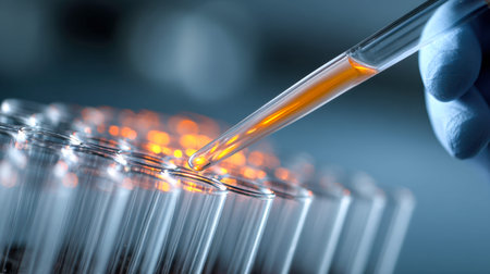 A precise gloved hand releases vibrant orange fluid into an array of test tubes, surrounded by...
