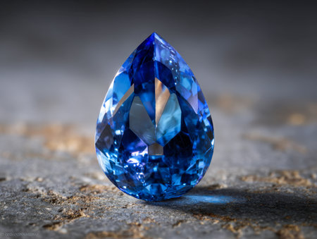 A stunning, deep blue gemstone featuring a smooth pear cut, glows against a rugged surface, illuminated softly to highlight its rich color and clarity.の写真素材