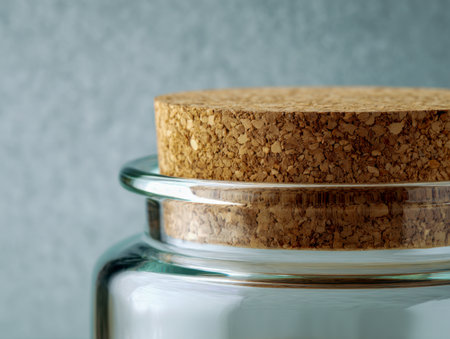 A close-up of a clear glass container topped with a cork genuine stopper, set against a muted gray textured backdrop highlighting craftsmanship and clarity in kitchen stoの写真素材