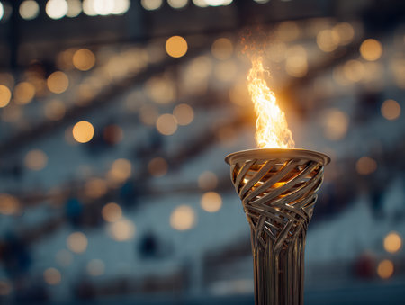 A radiant torch with detailed metallic craftsmanship illuminates the scene, set against a softly blurred audience and shimmering stadium lighting during a festive winterの写真素材