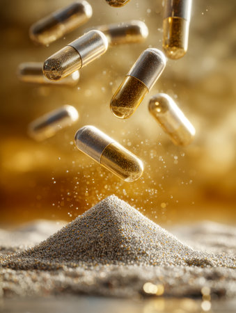 Warm ambient glow illustrates shimmering golden pills dispersing miniature elements that converge into a radiant heap, evoking vitality and wellness enhancement.の写真素材