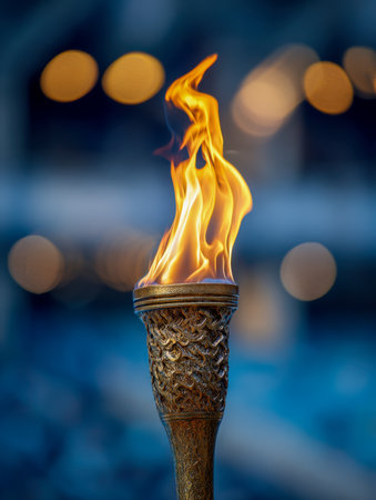A radiant torch with intricate craftsmanship casts a warm glow, its flickering flame glowing softly against a blurred, festive backdrop at dusk.の写真素材