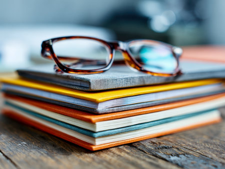 A vibrant collection of bound volumes crowns a warm wooden desk, topped by trendy tortoiseshell spectacles, evoking a tranquil reading nook ambiance.の写真素材