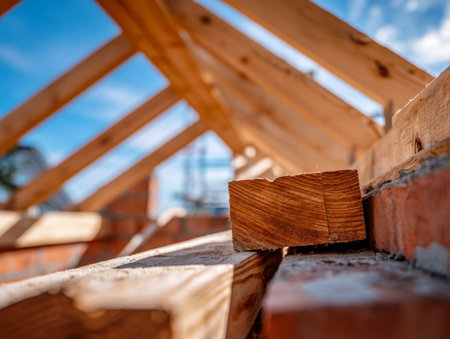 Intricate wooden frame set against a clear blue sky, capturing the early stages of roof construction with precise joint details and natural daylight ambiance.の写真素材