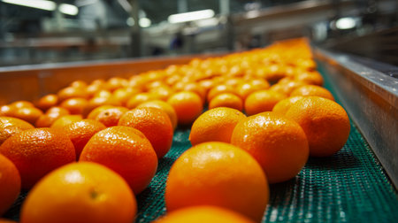 Vibrant citrus fruits glide smoothly through a high-tech processing line, illuminated by bright overhead lighting amid robust industrial machinery.の写真素材
