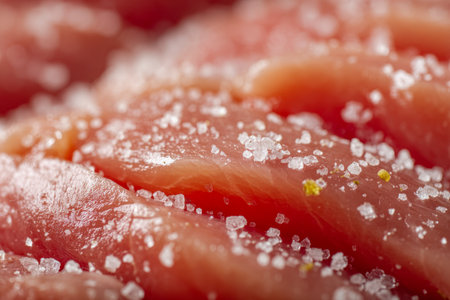 A vivid, succulent salmon fillet showcases rich orange hues and delicate marbling, enhanced by rough sea salt crystals that emphasize freshness and natural appeal.の写真素材