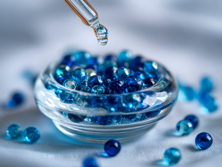 A slender dropper gently releases droplets into a clear dish rich with shimmering blue and teal glass embellishments, set on a softly lit fabric background.の写真素材
