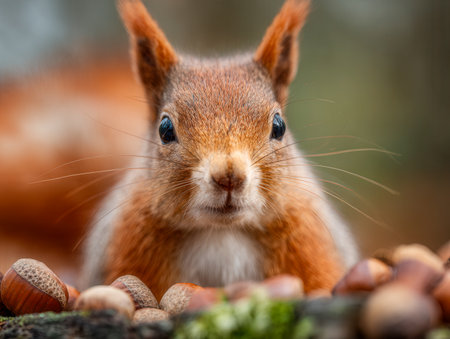 A vibrant red squirrel with finely textured fur and alert eyes surveys a variety of nuts nestled among fallen leaves, set against a warm, forested autumn backdrop.の写真素材