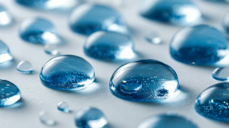 Clear blue droplets gently resting on a sleek surface, forming a calming, artistic mosaic enhanced by delicate light reflections and subtle shadows.の写真素材