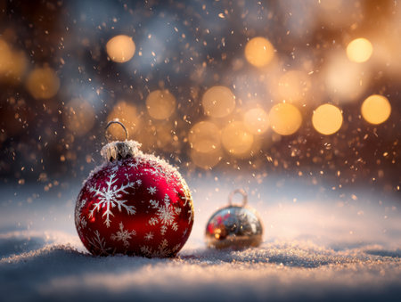 Sparkling holiday decorations scattered on crisp snow, illuminated by cozy warm lights, evoking an enchanting winter wonderland for festive cheer.の写真素材