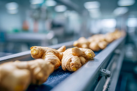 Brightly lit modern facility showcases raw ginger being carefully moved along a sleek conveyor system with an industrial backdrop, optimized for efficient food productionの写真素材