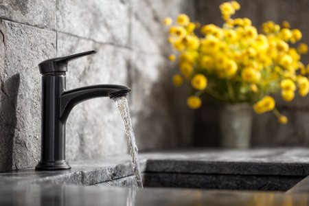 A sleek, dark-hued faucet pours a gentle flow into a contemporary sink, with cheerful yellow blossoms softening the scene and inspiring chic kitchen decor ideas.の写真素材