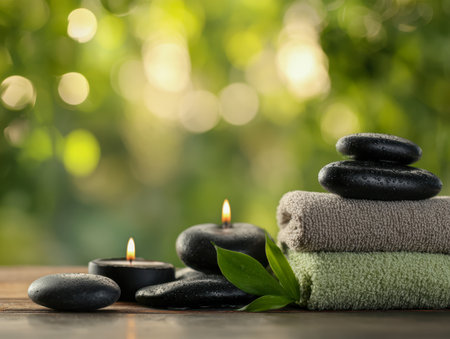 Tranquil spa ambiance featuring polished black stones, flickering candles, vibrant green foliage, and pristine towels arranged on warm wooden surfaces amid a soft, nの写真素材