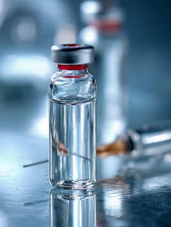 A sleek glass vial with transparent fluid rests on a shiny surface, accompanied by a softly blurred syringe and additional vial, symbolizing medical treatment and precisionの写真素材