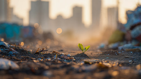 A tiny, vibrant green sprout emerges through cracked earth, surrounded by broken concrete, under a warm, glowing sky that signifies renewal and strength amidst desolaの写真素材
