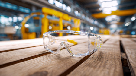 Clear safety goggles rest on a textured wooden surface, set against a sleek industrial workspace with blurred machinery, emphasizing the importance of protective gearの写真素材