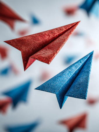 Vibrant red and blue textured planes soar dynamically against a blurred background, evoking themes...