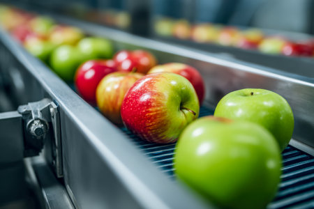 Vibrant apples, ripe and crisp, glide smoothly on a sleek conveyor within a contemporary processing plant illuminated by bright, focused lighting, highlighting efficの写真素材