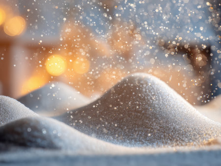 A tranquil winter landscape bathed in a gentle, luminous glow, where softly falling snowflakes drift over plush snowbanks, sparkling with radiant bokeh accents.の写真素材