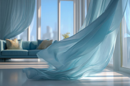 A serene living space bathed in warm sunlight, featuring airy, pastel curtains swaying softly alongside a sleek teal sofa adorned with plush cushions, framing expansive cの写真素材