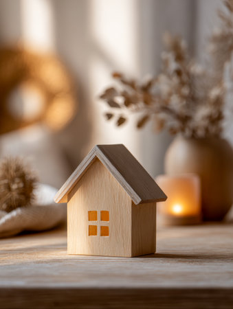 A delicate wooden miniature home bathed in gentle glow, surrounded by aged floral accents on a textured wooden surface, creating a warm, inviting atmosphere.の写真素材