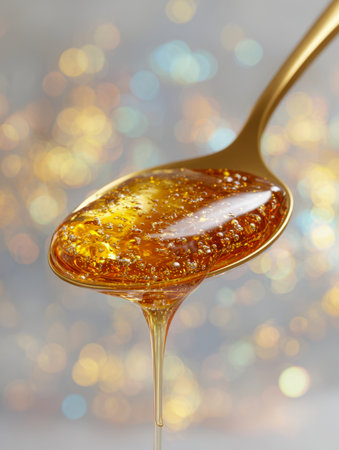 Warm amber nectar cascades from a reflective spoon, enveloped in shimmering bubbles with a gentle, blurred glow that evokes cozy, comforting sweetness.の写真素材