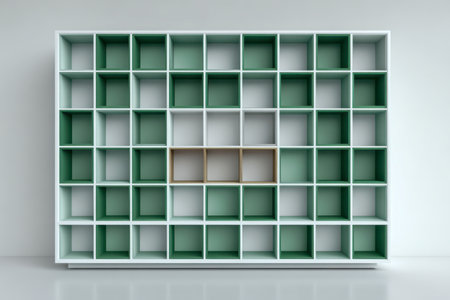 A sleek, contemporary shelving unit features alternating green and beige cubes in a precise geometric layout, creating a harmonious and stylish focal point on a whitの写真素材