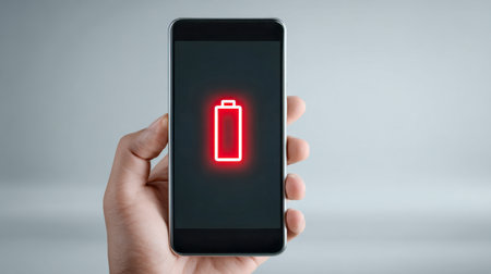 A hand grips a sleek smartphone displaying a prominent low battery alert with a luminous red border, set against a neutral gray backdrop.の写真素材
