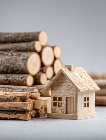 A crafted wooden miniature home sits amidst rough-hewn logs, illustrating eco-friendly construction ideas and the beauty of natural, sustainable resources against aの写真素材