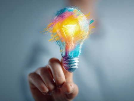 An individual gestures towards a vivid, eye-catching illustration of a bulb bursting with rainbow hues, embodying imagination, innovative thinking, and artistic visiの写真素材