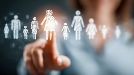 A confident businesswoman interacts with a vibrant, floating hologram of diverse human icons, illustrating leadership, collaboration, and team dynamics in a futuristの写真素材