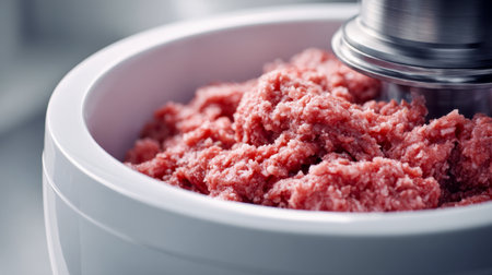 A close-up of vibrant, freshly minced meat swirling inside an electric grinder, ready to enhance homemade meals with rich flavors in a cozy kitchen setting.の写真素材