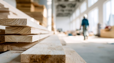 Sunlit workshop with organized wooden planks awaiting assembly as a worker progresses through lively construction surroundings.の写真素材