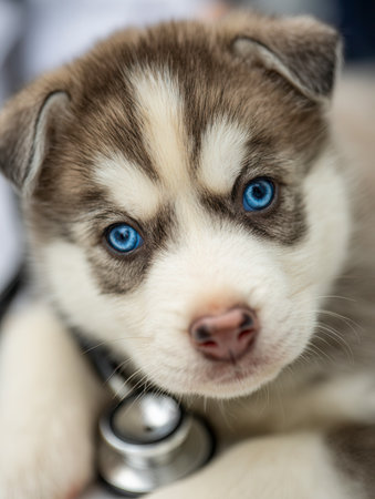 A sweet young husky with mesmerizing blue eyes gently holds a stethoscope, comfortably seated in an inviting, homey environment that evokes warmth and animal well-beの写真素材
