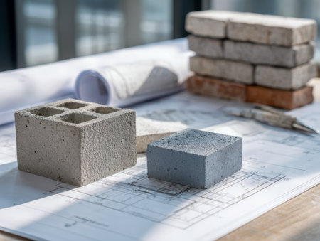 An assortment of hollow and solid construction blocks laid atop detailed blueprints, emphasizing innovative structural layouts and contemporary architectural approacの写真素材