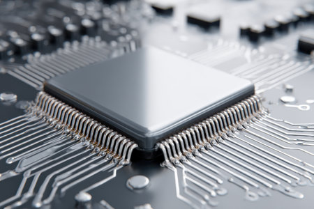 A close-up view reveals a crafted metallic microchip with complex circuit pathways, set against a sleek, reflective motherboard, highlighting cutting-edge electronic desiの写真素材