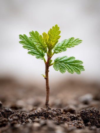 A vibrant young seedling emerges from fertile earth, representing fresh beginnings and ecological vitality amid a gently blurred natural setting.の写真素材