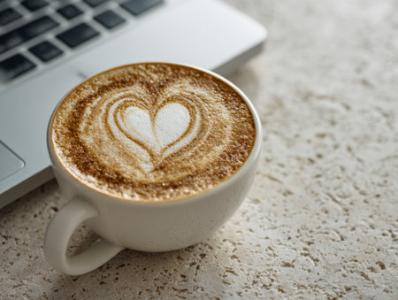 A comforting scene featuring a steaming coffee adorned with a heart design, paired with a sleek laptop, set on a rustic stone surface that evokes warmth and inspiration.の写真素材