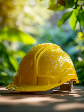A vibrant yellow helmet softly placed on aged wood, basking in dappled sunlight amid lush greenery, evoking safety and harmony in an outdoor workspace.の写真素材