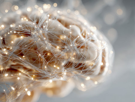 A detailed digital rendering showcasing a human brain with glowing neural pathways, representing advanced cognition and interconnected intelligence in a sleek, futurの写真素材