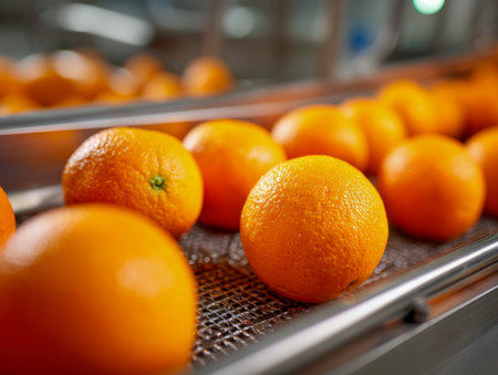 Juicy oranges glide along a sleek conveyor, their vibrant hues and textured skins highlighted in a contemporary processing plant bustling with efficiency and brightの写真素材