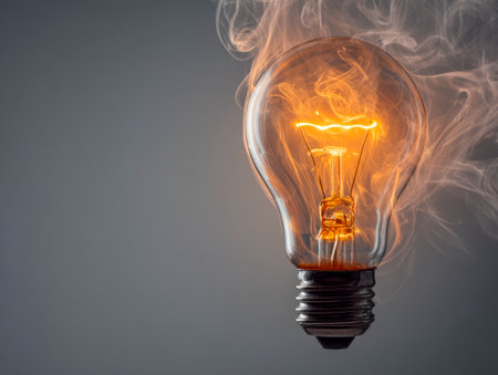 An illuminated filament bulb radiates warmth as wisps of smoke spiral outward, embodying sparks of inspiration and the genesis of innovative thinking.の写真素材