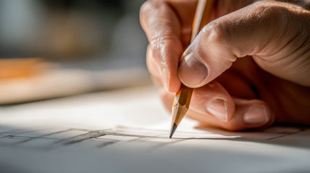 A focused hand delicately guides a finely sharpened wooden instrument across pristine paper, illuminated by gentle daylight, capturing precision in creative or technの写真素材