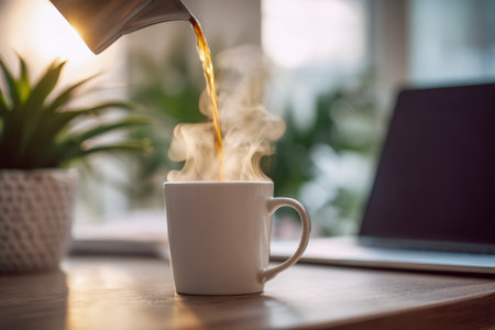 Rich, aromatic coffee fills a crisp white mug, set against a sunlit desk with a sleek laptop and lush greenery, evoking a warm, productive morning ambiance.の写真素材