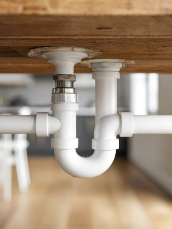 A close-up of white pipes and a sleek trap beneath a polished wooden surface, with a softly blurred contemporary kitchen interior and smooth flooring in the backgrouの写真素材