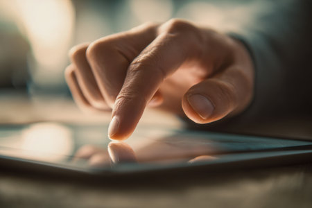 A single fingertip softly interacts with a luminous device, casting a gentle glow in dim surroundings, emphasizing sleek modern touch technology engagement.の写真素材