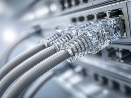 Array of sleek, color-coded cables linked to a contemporary network hub, evoking advanced digital...